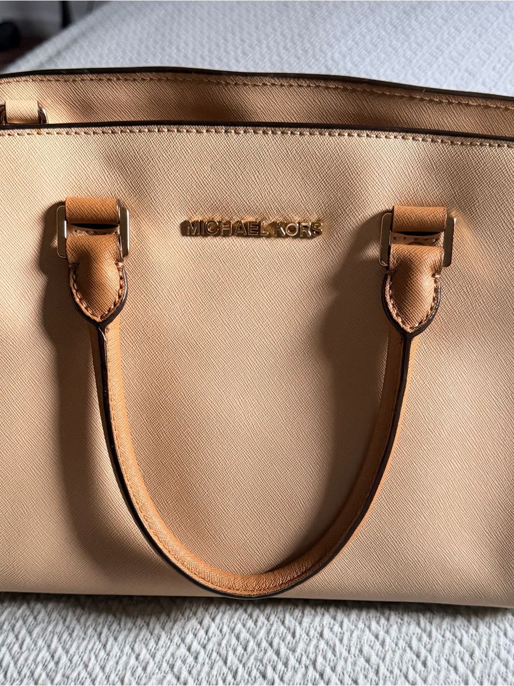 Michael Kors Tan Saffiano Leather Satchel with Gold Hardware